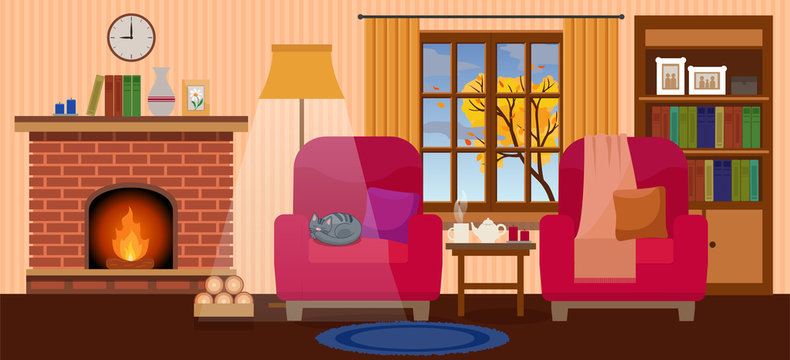 Cozy interior of living room with fireplace, two armchairs, autumn tree in the window, cup of tea and cat sleeping. Flat style, design template