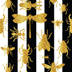 Seamless pattern with a gold glitter insects on a black and white striped background. Vector illustration.