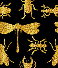 Seamless pattern with a gold glitter insects on a black background. Vector illustration.