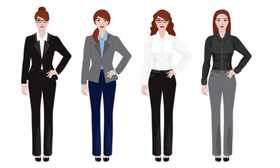 Young woman in different office outfit, businesswoman look, vector illustration set