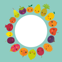 round frame cute funny kawaii fruit Pear Mangosteen tangerine pineapple papaya persimmon pomegranate lime apricot plum dragon fruit figs mango peach lemon lychee apple kiwano blue background. Vector