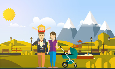 Fototapeta premium Happy Big Family in The Park Flat Style Vector Illustration Eps10