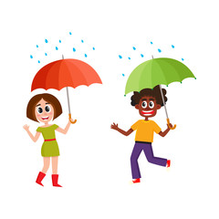 vector people keeping umbrella in rain set. Flat cartoon isolated illustration on a white background. Young boy and girl walking in rain