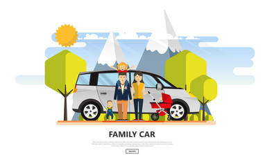 Happy Family With Family Car in Outdoor Park. Vector Illustration.