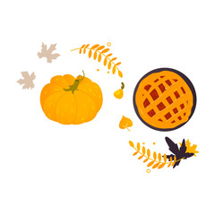 Ripe orange pumpkin, freshly baked fruit pie and fall, autumn leaves, cartoon vector illustration isolated on white background. Traditional pumpkin pie and ripe orange pumpkin, Thanksgiving Day symbol
