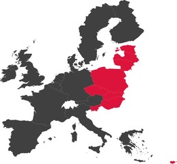 Map of the European Union split into individual countries. Year 2004. Highlighted new EU member states - Cyprus, Czech Republic, Estonia, Hungary, Latvia, Lithuania, Malta, Poland, Slovakia, Slovenia