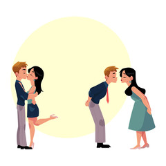 Set of young couple, man and woman, boy and girl kissing romantically, cartoon vector illustration with space for text. Set of four kissing couples, romantic relationships, dating, flirting