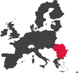 Map of the European Union split into individual countries. Year 2007 - highlighted new EU member states - Bulgaria, Romania.