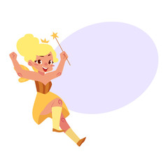 Vector fairy girl illustration on white background. Cute cartoon smiling child with butterfly wings wearing queen crown isolated with bubble speech.