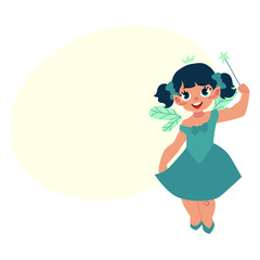 Vector fairy girl illustration on white background. Cute cartoon smiling child with butterfly wings wearing queen crown with bubble speech. Magic, flying kid holding magic star wand.