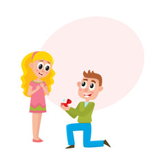 Loving couple, man proposing to beautiful woman girl standing on one knee, offering wedding ring, cartoon, comic style vector illustration with bubble speech. Loving couple, proposal