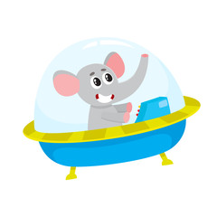 Cute elephant animal astronaut, spaceman character flying in spaceship, spacecraft, cartoon vector illustration isolated on white background. Funny elephant astronaut, spaceman in flying in spaceship