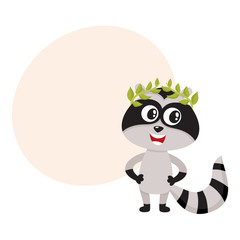 Cute little raccoon character, champion, winner standing in laurel wreath, cartoon vector illustration with space for text. Little baby raccoon animal champion in bay leaf wreath