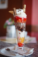 Ice-cream Sundae, Knickerbocker Glory in tall glass