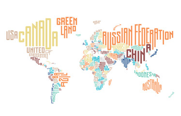 World map made of typographic country names