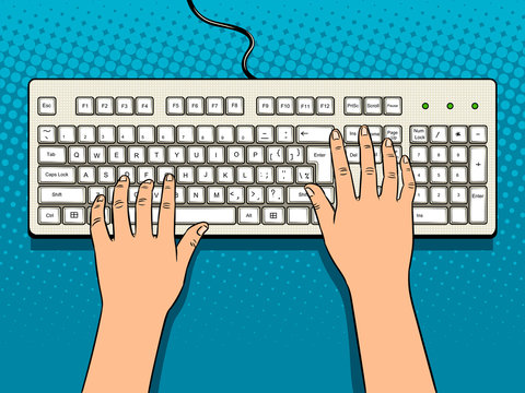 Hands on computer keyboard pop art vector