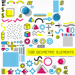 Fototapeta premium Set of memphis design elements, template for your project, animation, and advertising, advertisement, commercial banner, poster, t-shirt. Collection of geometrical colored vector elements.