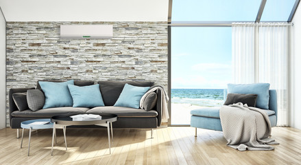 Fototapeta na wymiar Modern bright living room with air conditioning, white wall. 3D rendering