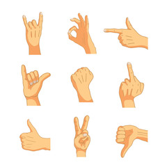 Common cartoon hand signs isolated on white
