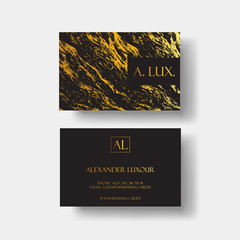 Naklejka na ściany i meble Elegant black luxury business cards with marble texture and gold detail vector template, banner or invitation with golden foil details. Branding and identity graphic design