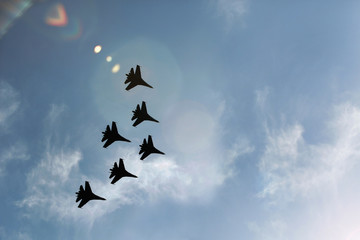 Military fighter jets during demonstration. Air show.