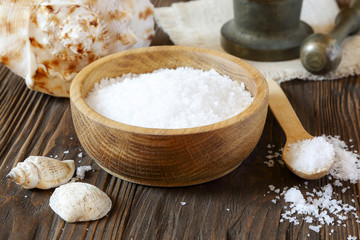 Sea salt in a wooden bowl