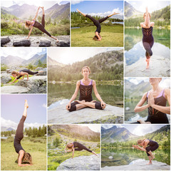 Collage di foto di yoga all'aperto