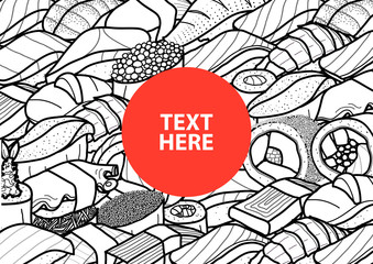 Red circle with text at the center of plenty of sushi and roll in black outline and white plane. Cover, poster or  paper plate mat design. Cute Japanese food hand drawn style.