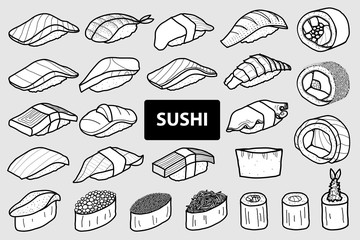 Set of 25 isolated sushi and roll in black outline and white plane. Cute Japanese food hand drawn style. © Plawarn