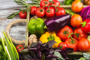 Set of raw vegetables in the wooden tray