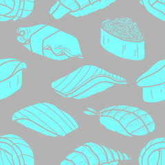 8 sushi in bright blue on grey background. Cute Japanese food hand drawn style. Seamless pattern.