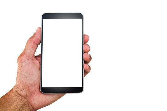 Man's hand holding white screen mobile phone isolated on white background