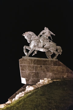 Salavat Yulayev bashkir national hero memorial at night in Ufa is one of the biggest equestrian statue in Europe.