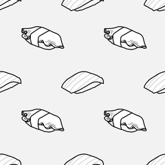 Tako and Hotate sushi in black outline on light gray background. Cute Japanese food illustration hand drawn style. Seamless pattern.