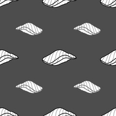 White sushi in black outline and no outline on dark gray background. Cute Japanese food illustration hand drawn style. Seamless pattern design.