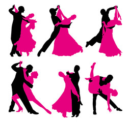 set of dancing couples. black and magenta contour