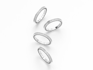 3D illustration four white gold or silver eternity band ring with diamonds and hearts with shadow