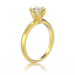 3D illustration isolated yellow gold traditional solitaire engagement diamond ring with reflection