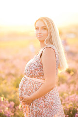 Fototapeta na wymiar Beautiful blonde pregnant woman holding her tummy in meadow. Wearing stylish dress outdoors. Looking at camera. Maternity. Motherhood.