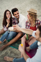 Group of cheerful friends having great time at beach