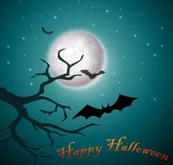Halloween night with bats and tree