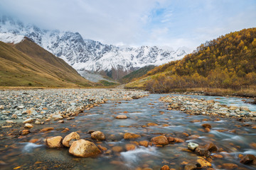 Mountain landscape with the Inguri River and the peak of Shkhara, Svaneti