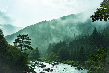 西日本の渓谷・深山、雨の風景
