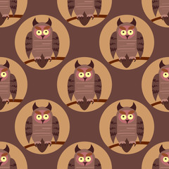 Vector seamless pattern with birds. Owls on the branches.