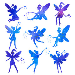 Illustration of a silhouette of a fairy, elf in space universe style.