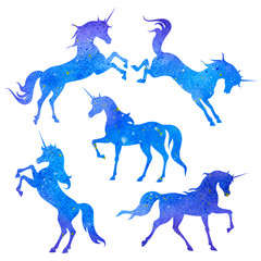 Illustration of a silhouette of a unicorn in space universe style. © shyshell