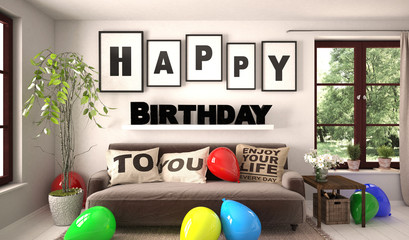Happy Birthday Zimmer mit bunten Luftballons
