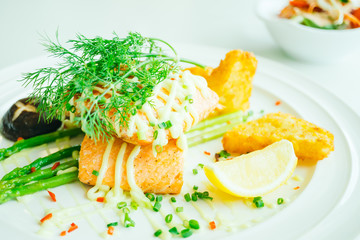 Grilled salmon meat fillet steak with vegetable