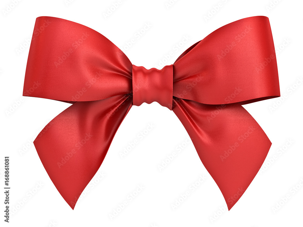 Poster red gift ribbon bow isolated on white background . 3d rendering.