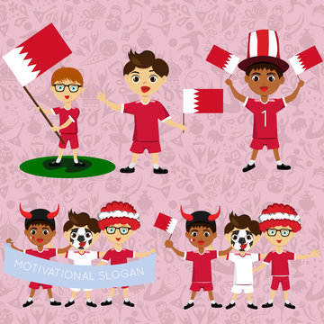 Set of boys with national flags of Bahrain. Blanks for the day of the flag, independence, nation day and other public holidays. The guys in sports form with the attributes of the football team